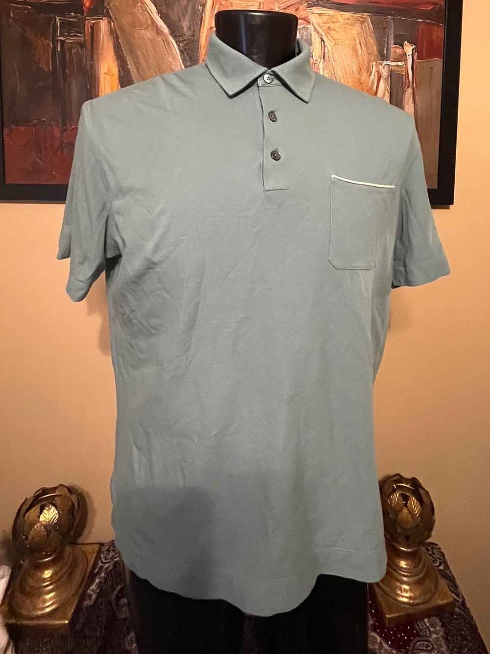Zegna Polo Shirt Mens 2XL Sea Green Pique Knit Calf Leather Trim Pocket